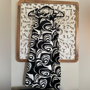 Roulette Black and White Swirl Neck Sheath Midi Dress